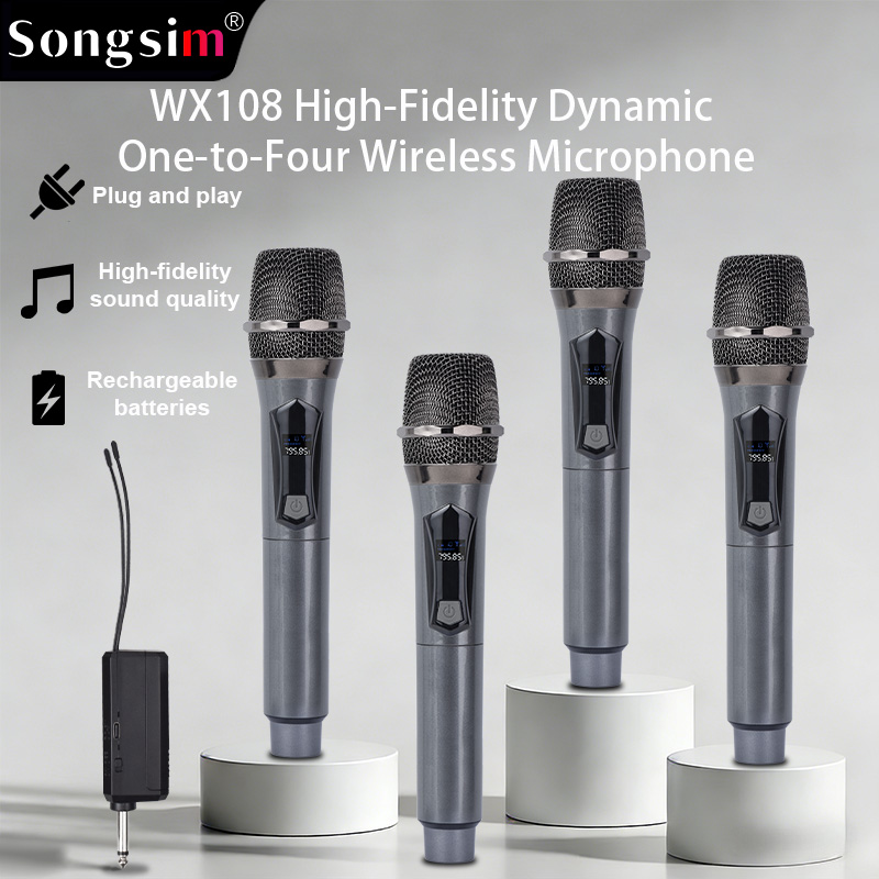 WX108 Wireless Microphone System: 4-channel wireless handheld microphone setup for group performances. Features long-lasting 1200mAh lithium battery life and a high-fidelity microphone capsule. Includes a 3.5mm adapter; suitable for singing, outdoor perfo
