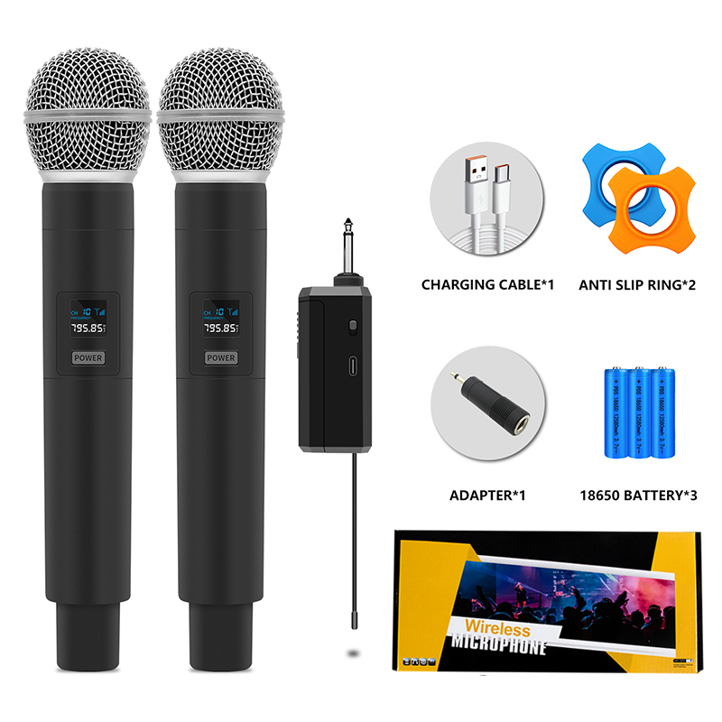 Wireless Microphone, UHF Dual Handheld Cordless Dynamic Metal Mic Set with Rechargeable Receiver, 1/4'' Plug Output, for Karaoke, Church, Wedding, Party Singing