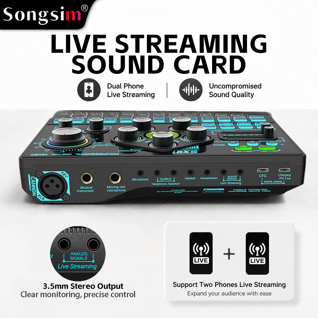 The SX91 live mixing console/audio interface features an XLR microphone input and supports lossless OTG transmission, EQ adjustment, volume faders, one-touch mute, and 48V phantom power, making it suitable for a wide range of scenarios such as podcasting,