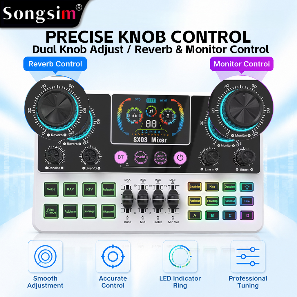 SX03 Professional Vocal Mixer & Live Streaming/Recording Sound Card—a multifunctional digital sound card featuring EQ adjustment, sound effect input, reverb, and voice-changing capabilities; includes a dynamic display screen and is suitable for live strea