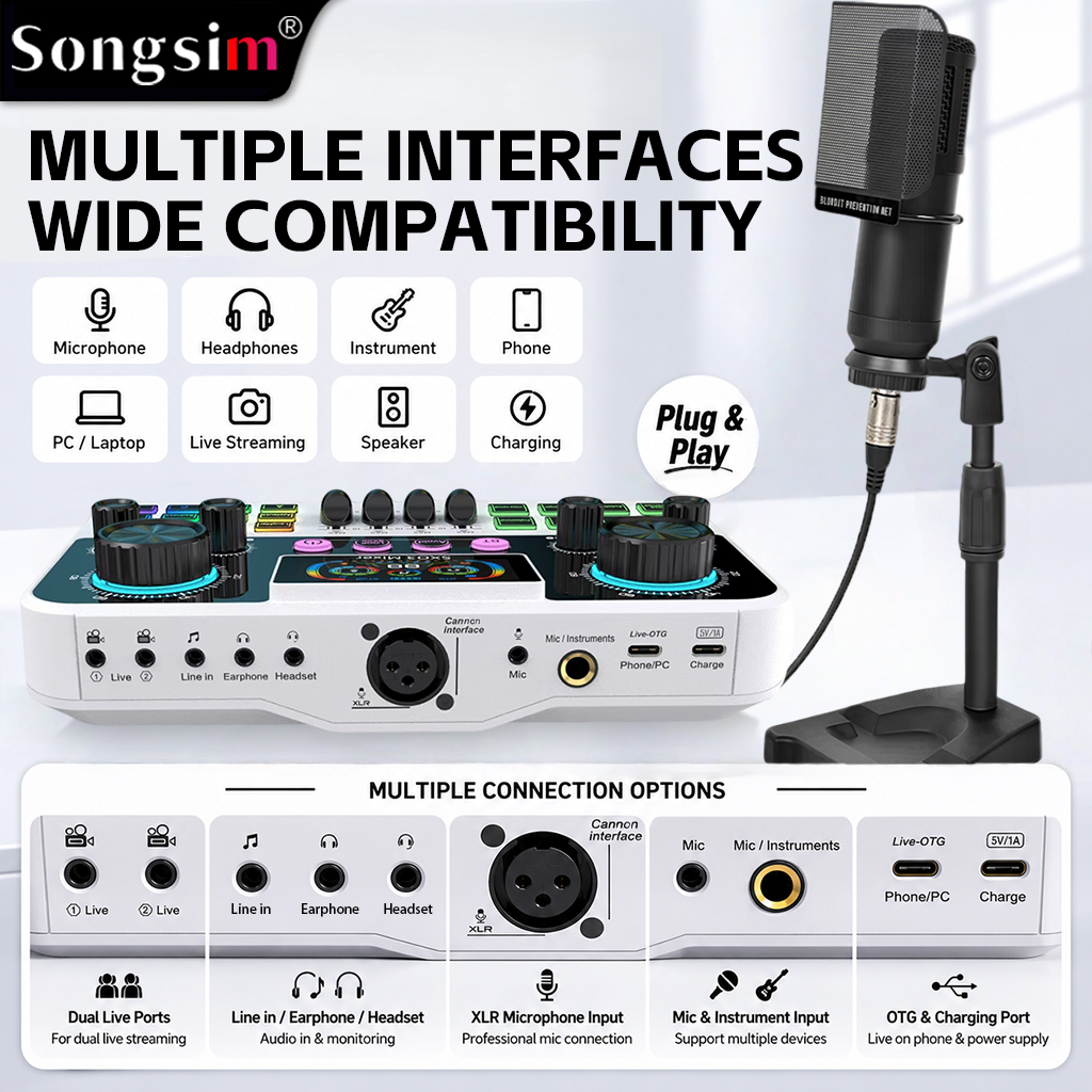 Live streaming audio interface bundle featuring the SX03 sound card and BM800 condenser microphone. This multifunctional digital sound card supports lossless OTG transmission, Bluetooth connectivity, and EQ adjustment, making it ideal for streaming, live 
