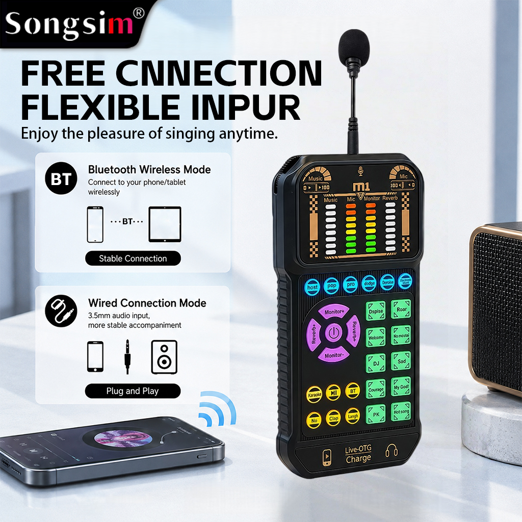 M1 Portable Multifunctional Sound Card (Podcast Audio Equipment): Plug-and-play device featuring reverb adjustment, real-time monitoring, simulated scene sound effects, and Bluetooth accompaniment; suitable for streaming, podcasting, outdoor live broadcas