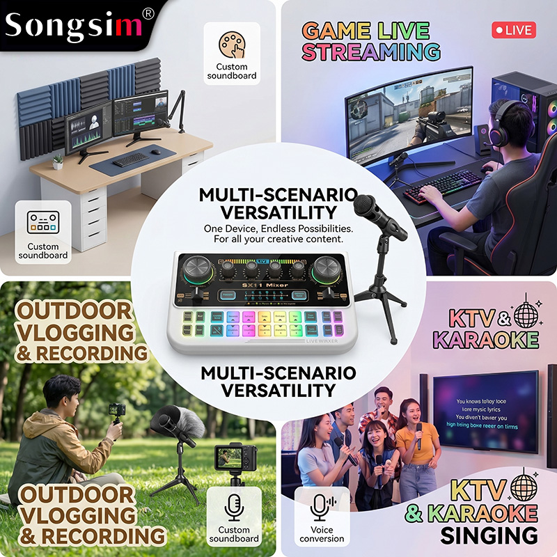 Podcast audio interface bundle featuring the SX11 sound card and two E300 microphones. It offers lossless OTG transmission, adjustable vocal reverb and EQ, sound effect presets, and various voice-changing modes. It supports 3.5mm microphone inputs and dua