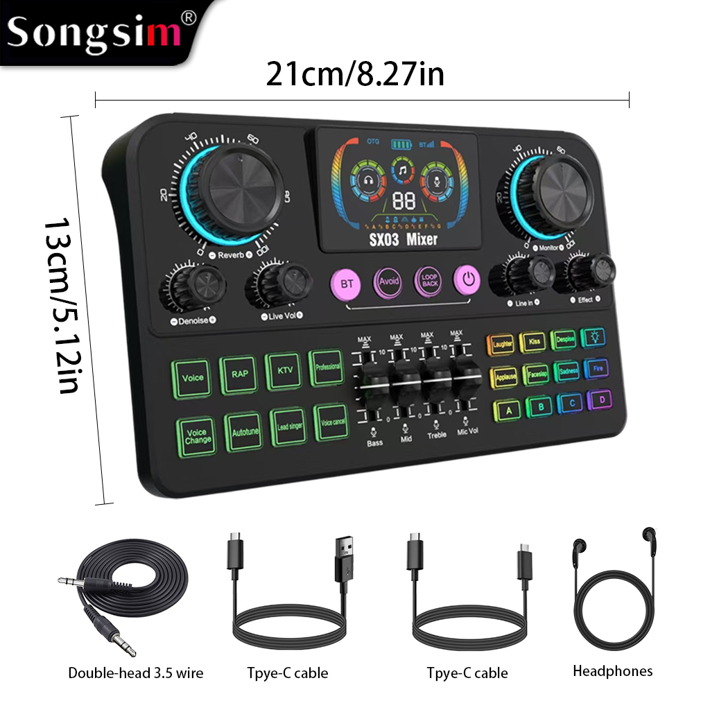 SX03 Professional Vocal Mixer & Live Streaming/Recording Sound Card—a multifunctional digital sound card featuring EQ adjustment, sound effect input, reverb, and voice-changing capabilities; includes a dynamic display screen and is suitable for live strea
