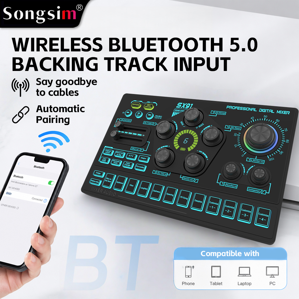The SX91 live mixing console/audio interface features an XLR microphone input and supports lossless OTG transmission, EQ adjustment, volume faders, one-touch mute, and 48V phantom power, making it suitable for a wide range of scenarios such as podcasting,