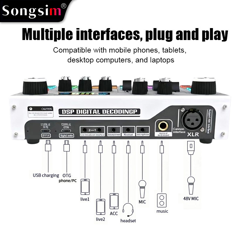 X7 sound card featuring an all-metal body, 48V phantom power input, and support for Bluetooth, OTG transmission, audio input, voice changing, and equalizer adjustments.