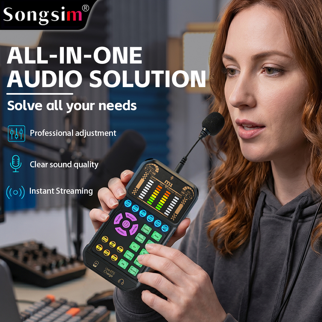 M1 Portable Multifunctional Sound Card (Podcast Audio Equipment): Plug-and-play device featuring reverb adjustment, real-time monitoring, simulated scene sound effects, and Bluetooth accompaniment; suitable for streaming, podcasting, outdoor live broadcas