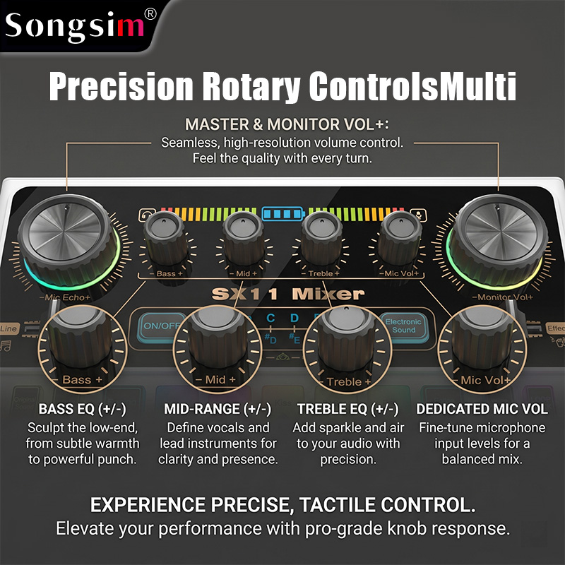 Podcast audio interface bundle featuring the SX11 sound card and two E300 microphones. It offers lossless OTG transmission, adjustable vocal reverb and EQ, sound effect presets, and various voice-changing modes. It supports 3.5mm microphone inputs and dua