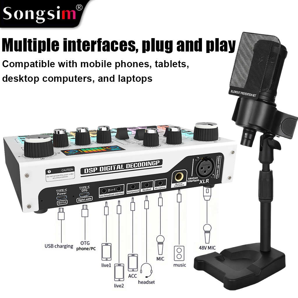 Professional audio bundle featuring the X7 real-time sound card and AT2020 studio microphone; supports OTG transmission, scene simulation, EQ adjustment, and 48V phantom power—ideal for gaming, singing, live streaming, and recording.