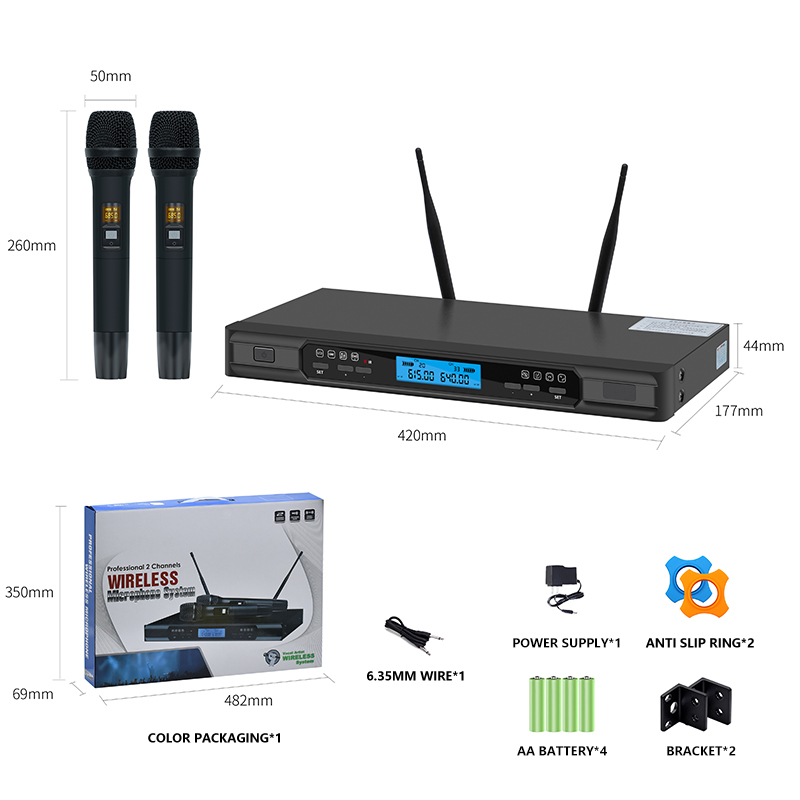 Professional Wireless Microphone System 2*Wireless Handheld Dynamic Microphone Adjustable Frequency 2-Channel UHF Wireless Microphone