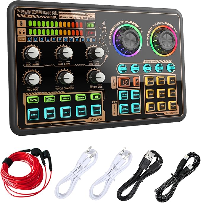 Sound Board for Beginners, Audio Mixer with Voice Changer, LED Lights, External Sound Card with Earphone for Phone, Mic, Karaoke, Streaming, Recording, Gaming, Podcasting