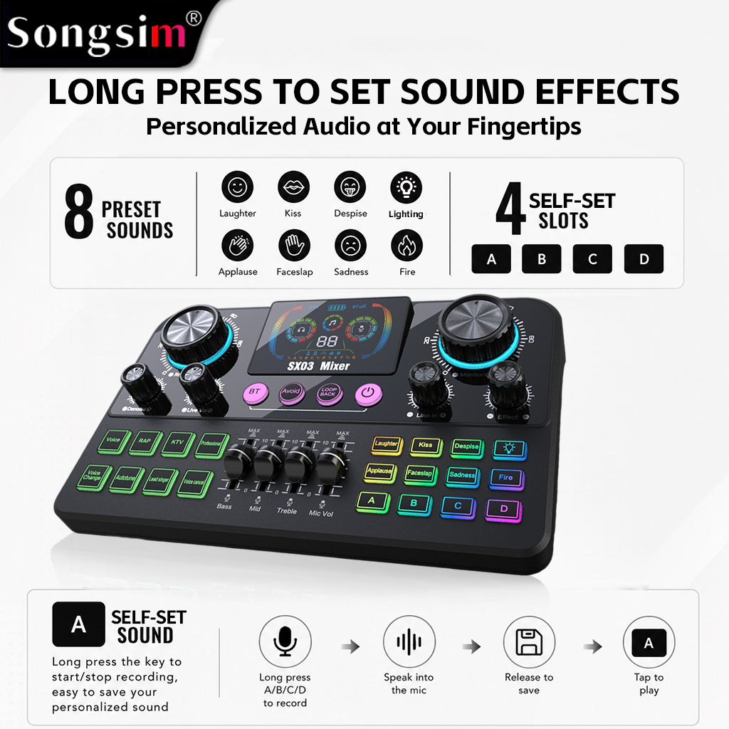 SX03 Professional Vocal Mixer & Live Streaming/Recording Sound Card—a multifunctional digital sound card featuring EQ adjustment, sound effect input, reverb, and voice-changing capabilities; includes a dynamic display screen and is suitable for live strea