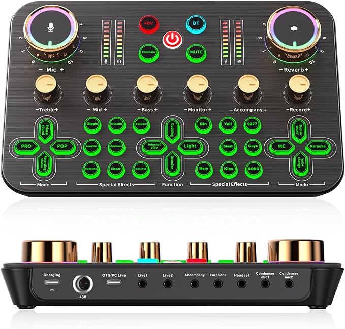 K600 Gaming Audio Mixer, Audio Interface with DJ Mixer Live Sound Effects & Voice Changer, XLR Live Sound Card Audio Mixer, 48V Phantom Power Mixer for Phone PC Live Streaming Podcast YouTube