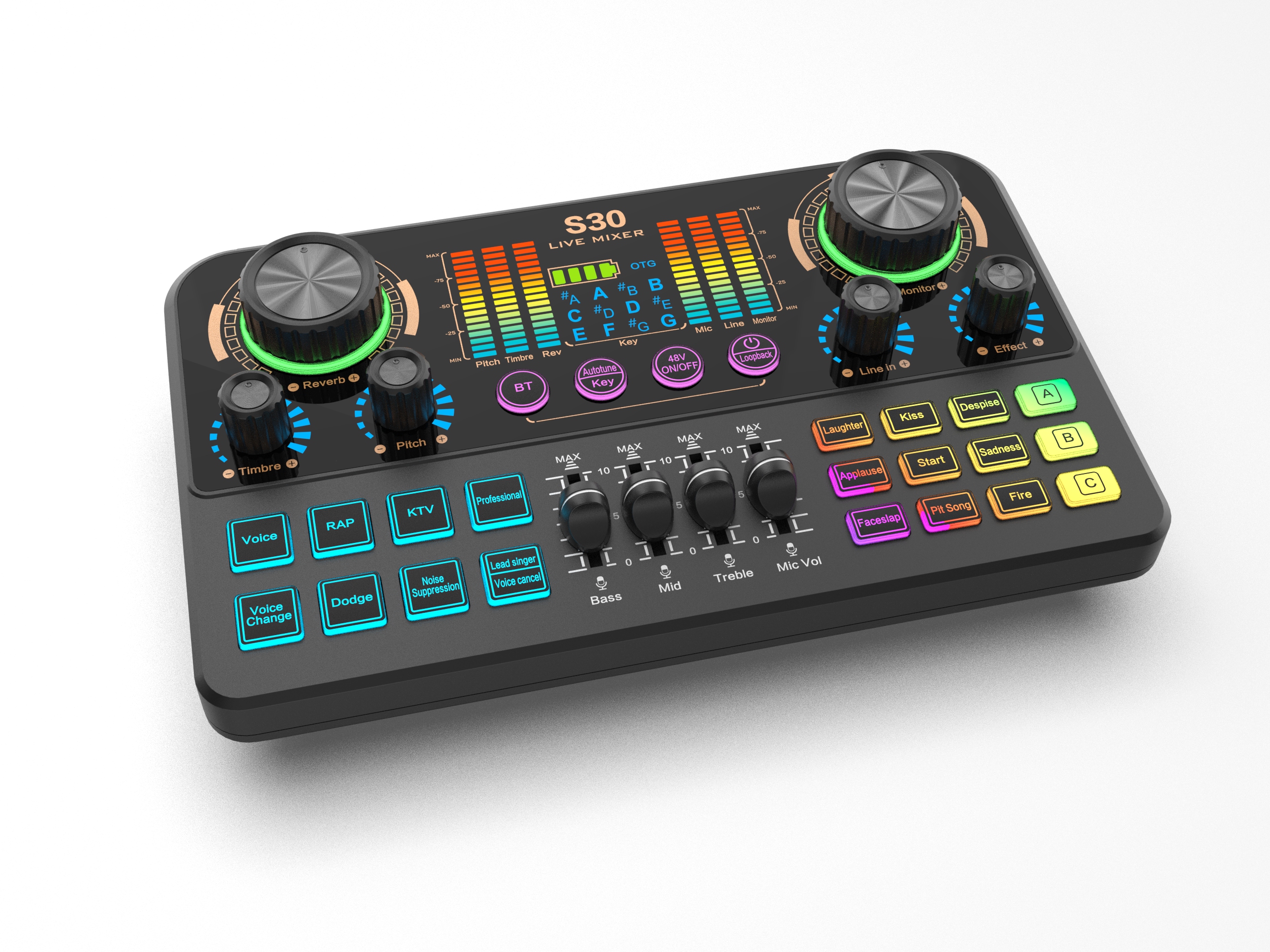 S30 Audio Interface & Podcast Mixer – Features OTG lossless transmission, 48V phantom power, reverb, and voice-changing effects; ideal for vlogging, live streaming, recording, YouTube, and TikTok.