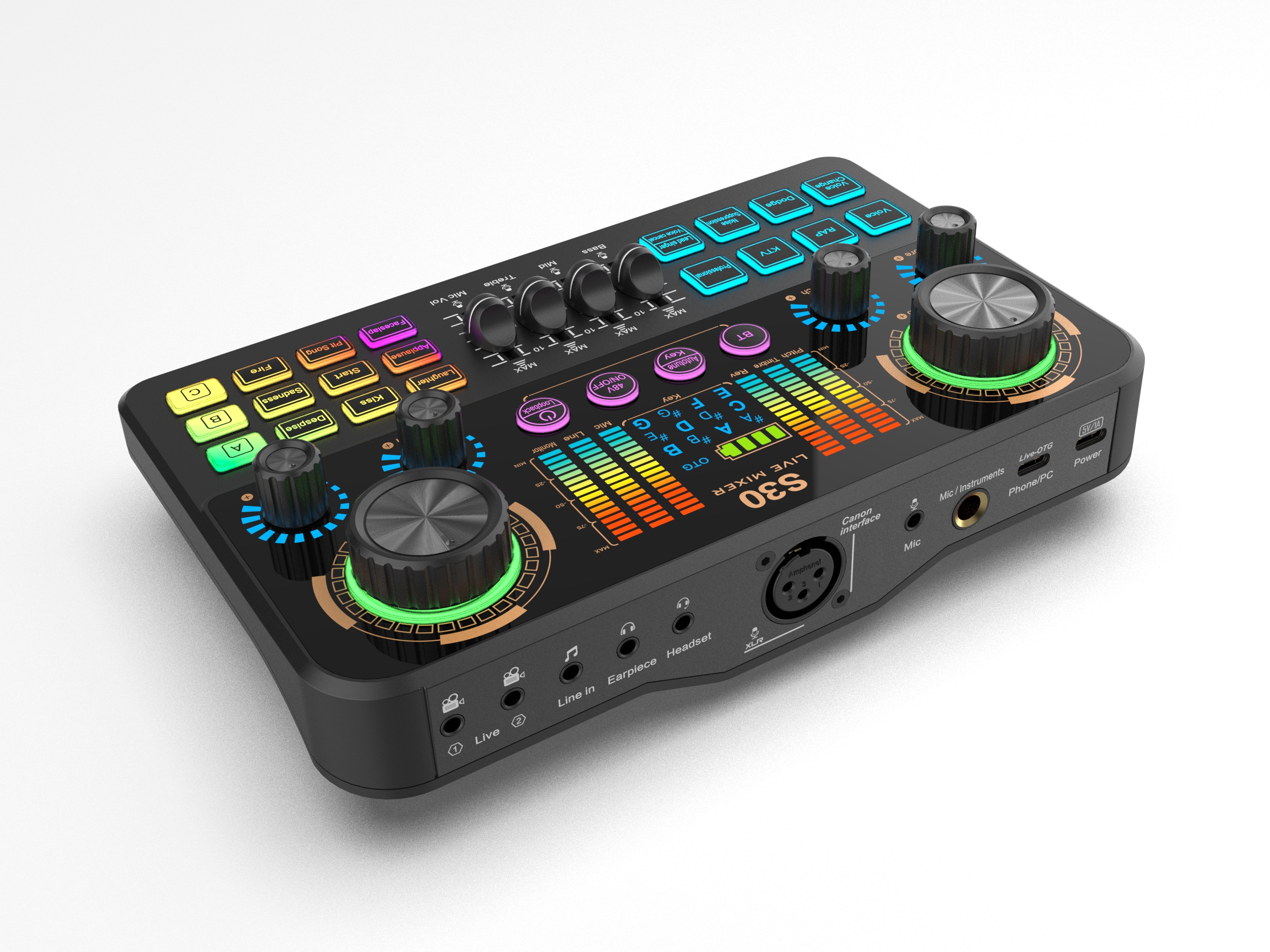 S30 Audio Interface & Podcast Mixer – Features OTG lossless transmission, 48V phantom power, reverb, and voice-changing effects; ideal for vlogging, live streaming, recording, YouTube, and TikTok.