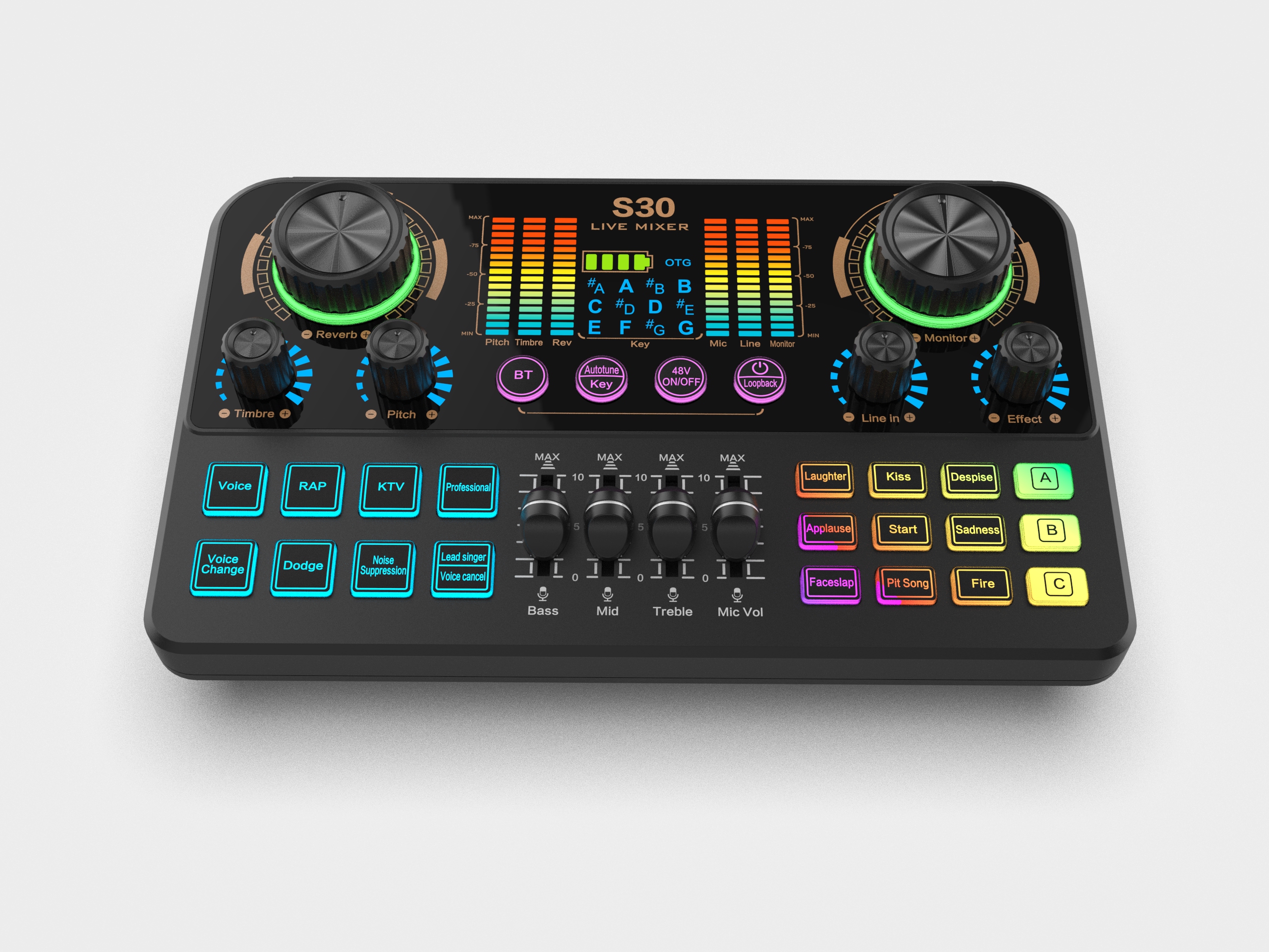S30 Audio Interface & Podcast Mixer – Features OTG lossless transmission, 48V phantom power, reverb, and voice-changing effects; ideal for vlogging, live streaming, recording, YouTube, and TikTok.