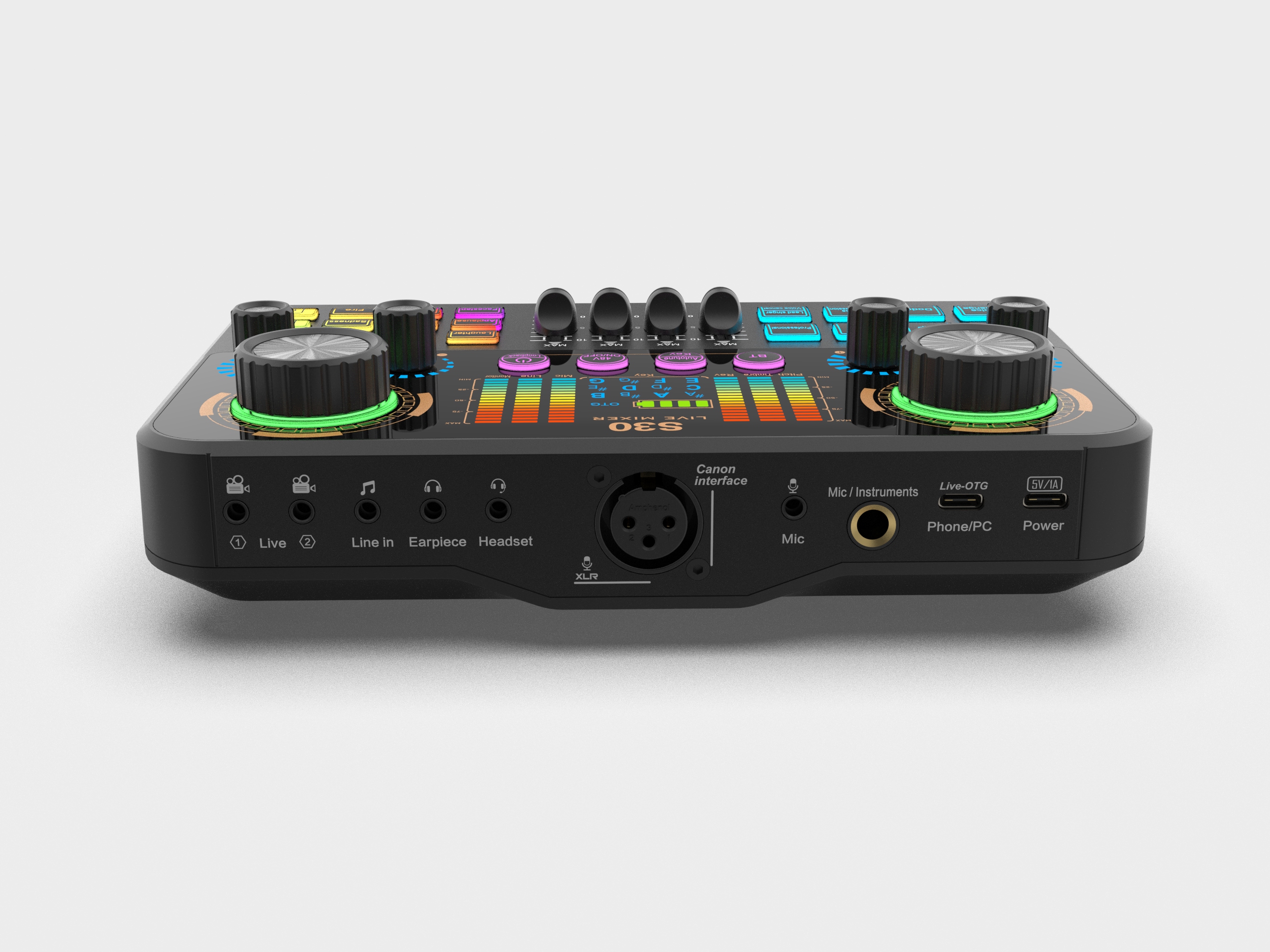 S30 Audio Interface & Podcast Mixer – Features OTG lossless transmission, 48V phantom power, reverb, and voice-changing effects; ideal for vlogging, live streaming, recording, YouTube, and TikTok.