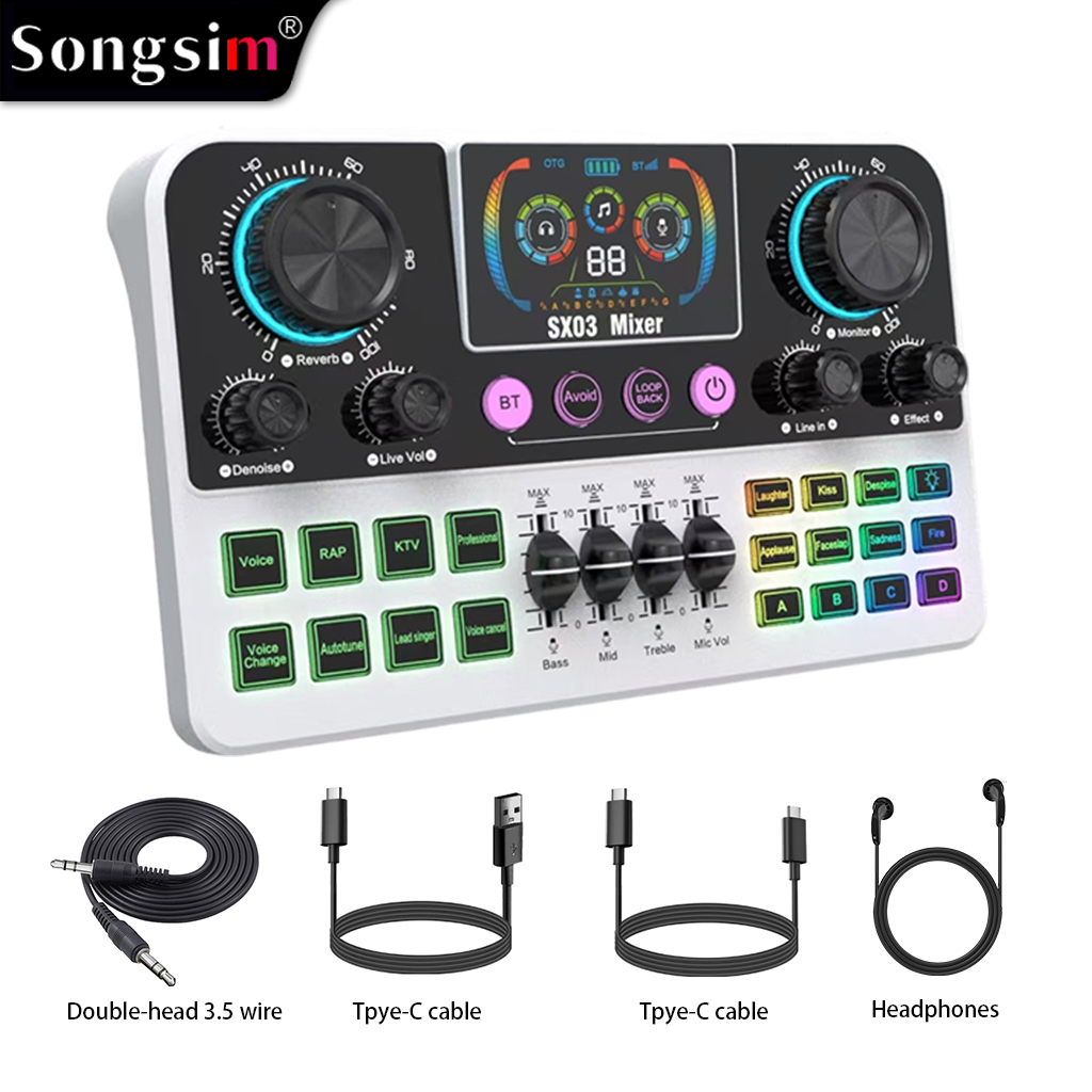 SX03 Professional Vocal Mixer & Live Streaming/Recording Sound Card—a multifunctional digital sound card featuring EQ adjustment, sound effect input, reverb, and voice-changing capabilities; includes a dynamic display screen and is suitable for live strea