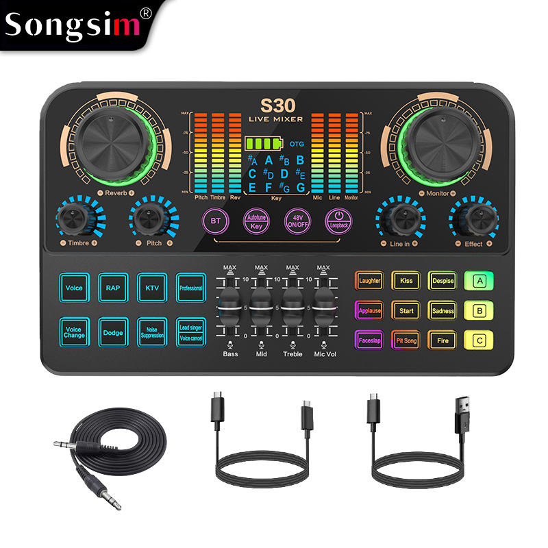 S30 Audio Interface & Podcast Mixer – Features OTG lossless transmission, 48V phantom power, reverb, and voice-changing effects; ideal for vlogging, live streaming, recording, YouTube, and TikTok.