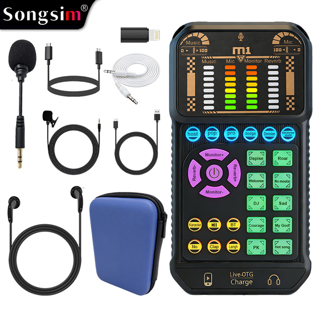 M1 Portable Multifunctional Sound Card (Podcast Audio Equipment): Plug-and-play device featuring reverb adjustment, real-time monitoring, simulated scene sound effects, and Bluetooth accompaniment; suitable for streaming, podcasting, outdoor live broadcas