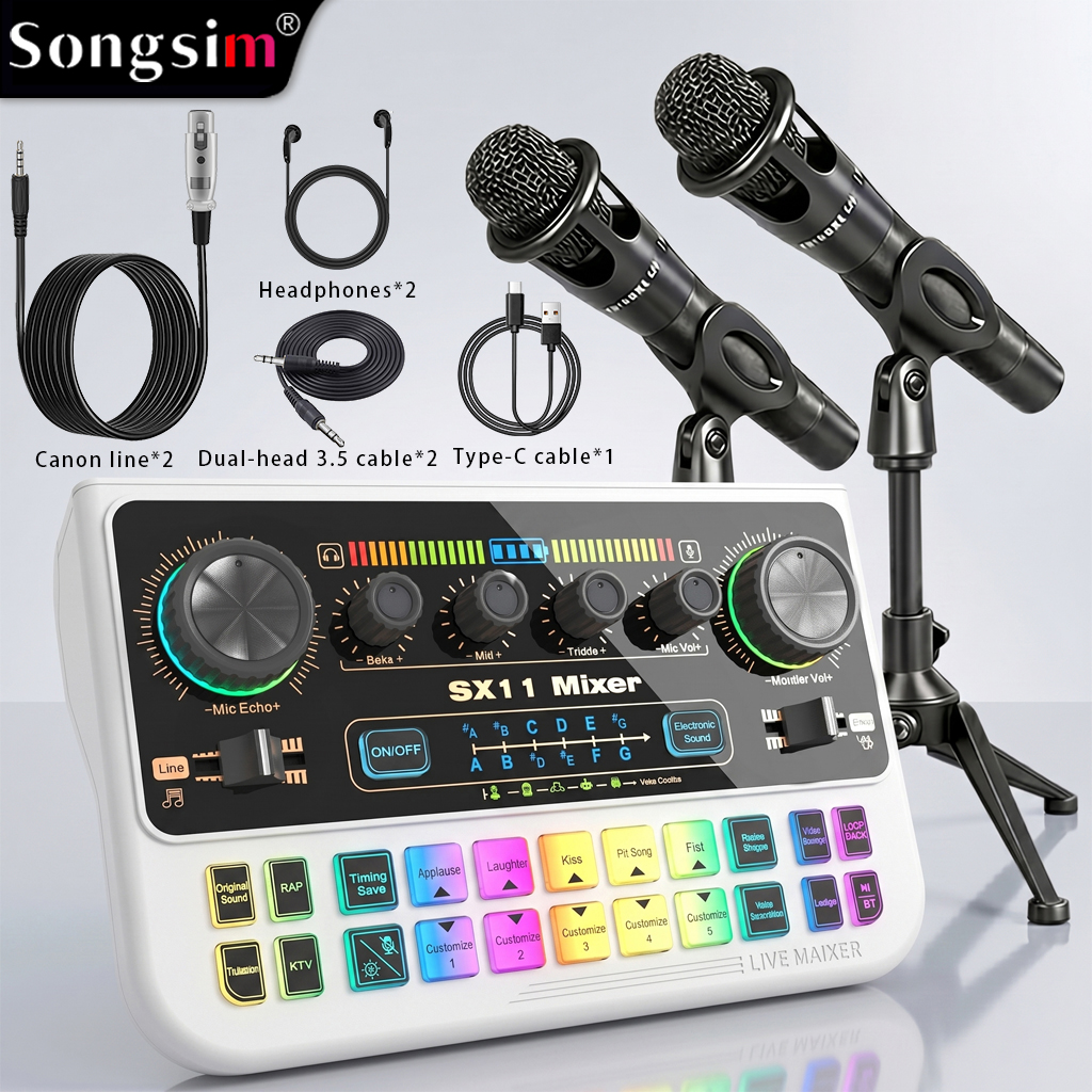 Podcast audio interface bundle featuring the SX11 sound card and two E300 microphones. It offers lossless OTG transmission, adjustable vocal reverb and EQ, sound effect presets, and various voice-changing modes. It supports 3.5mm microphone inputs and dua