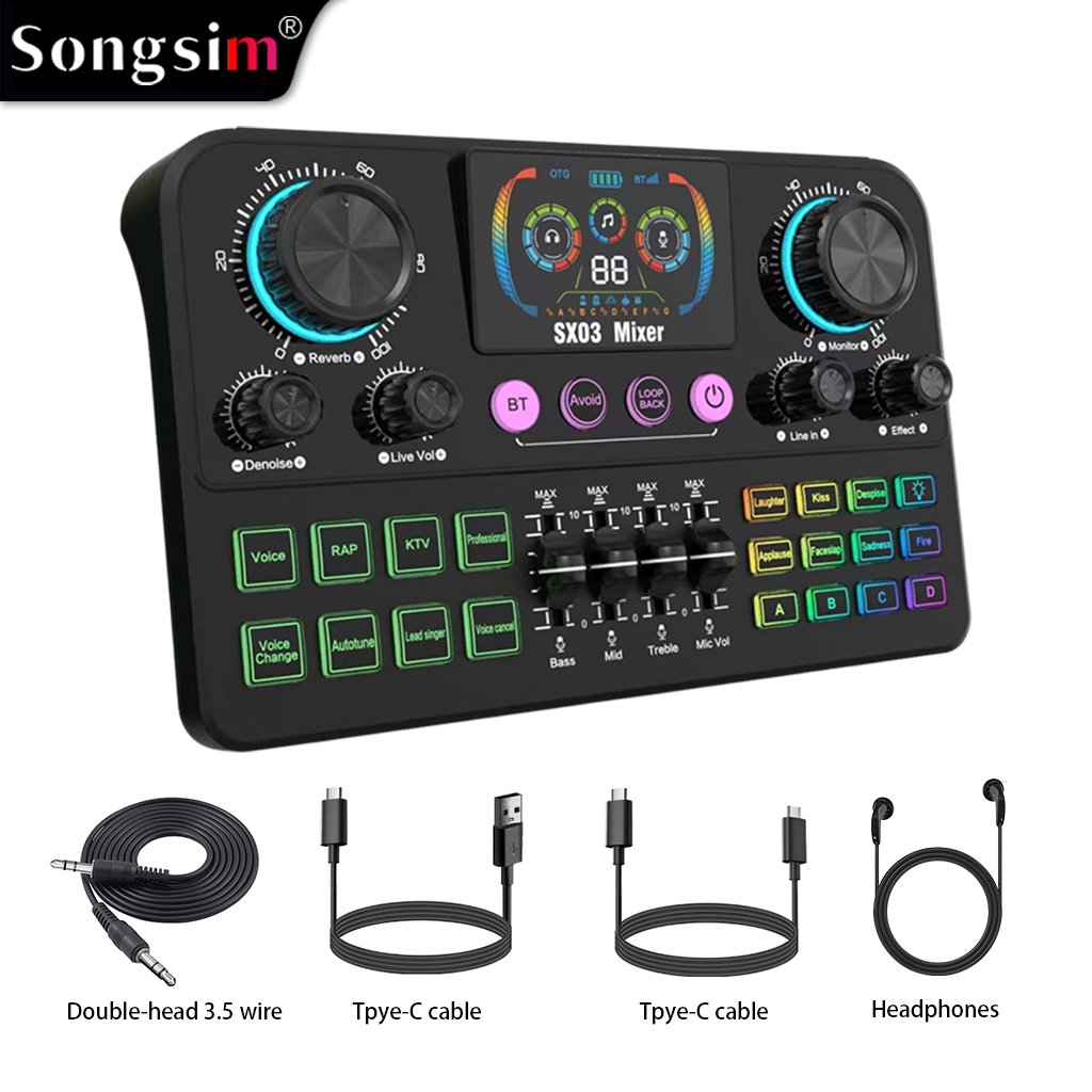 SX03 Professional Vocal Mixer & Live Streaming/Recording Sound Card—a multifunctional digital sound card featuring EQ adjustment, sound effect input, reverb, and voice-changing capabilities; includes a dynamic display screen and is suitable for live strea