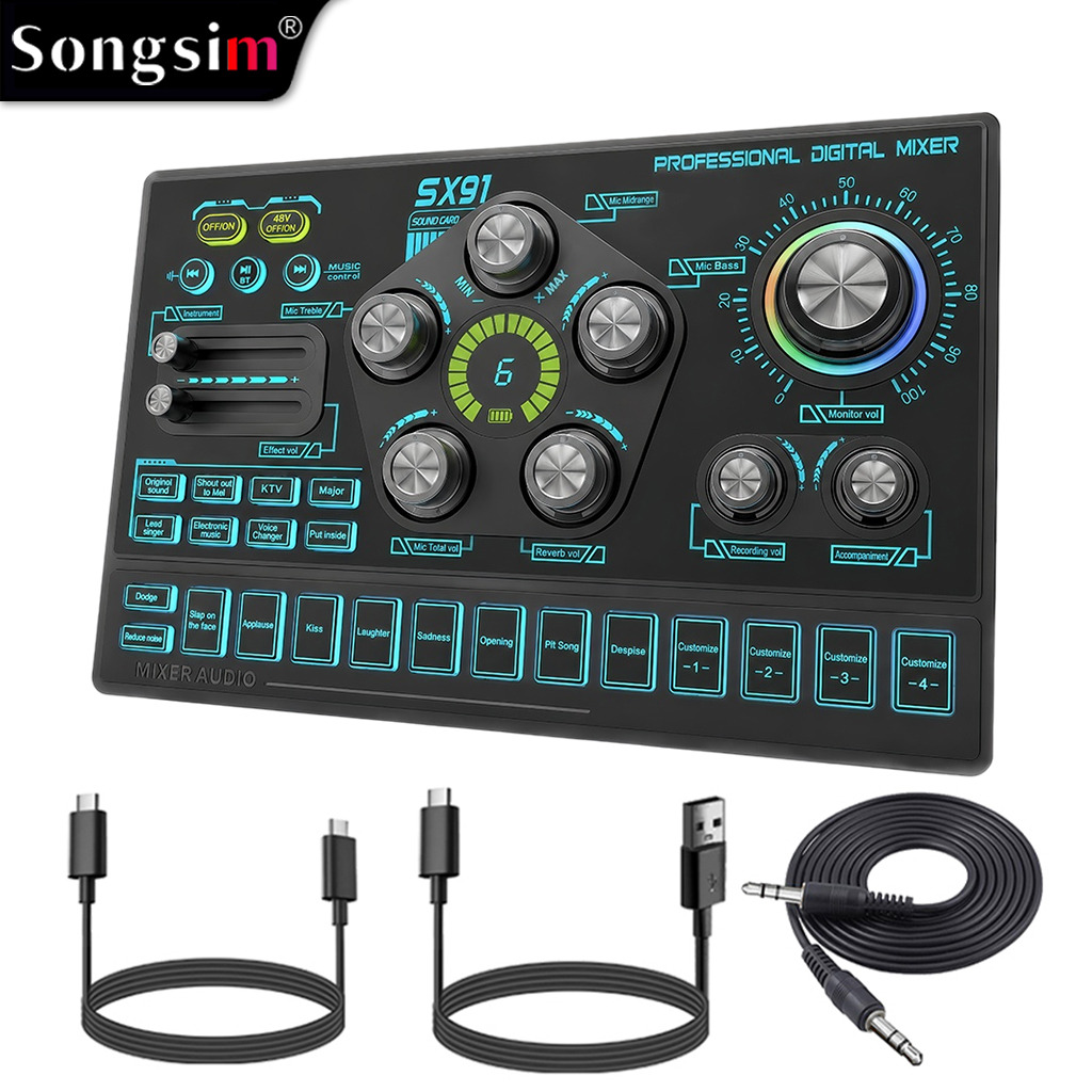 The SX91 live mixing console/audio interface features an XLR microphone input and supports lossless OTG transmission, EQ adjustment, volume faders, one-touch mute, and 48V phantom power, making it suitable for a wide range of scenarios such as podcasting,