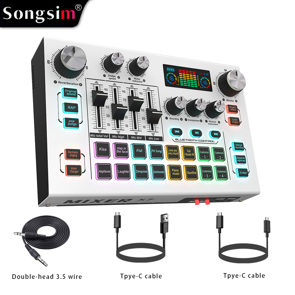 X7 sound card featuring an all-metal body, 48V phantom power input, and support for Bluetooth, OTG transmission, audio input, voice changing, and equalizer adjustments.