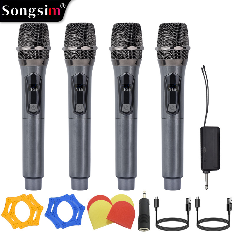 WX108 Wireless Microphone System: 4-channel wireless handheld microphone setup for group performances. Features long-lasting 1200mAh lithium battery life and a high-fidelity microphone capsule. Includes a 3.5mm adapter; suitable for singing, outdoor perfo