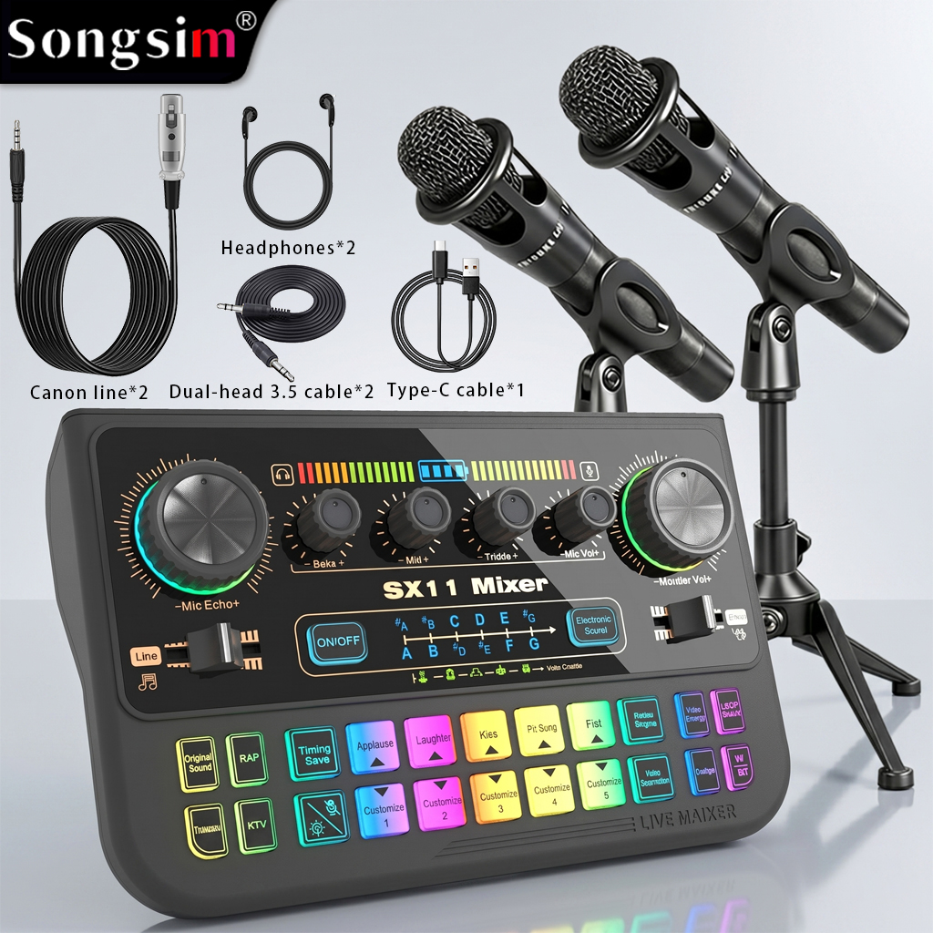 Podcast audio interface bundle featuring the SX11 sound card and two E300 microphones. It offers lossless OTG transmission, adjustable vocal reverb and EQ, sound effect presets, and various voice-changing modes. It supports 3.5mm microphone inputs and dua