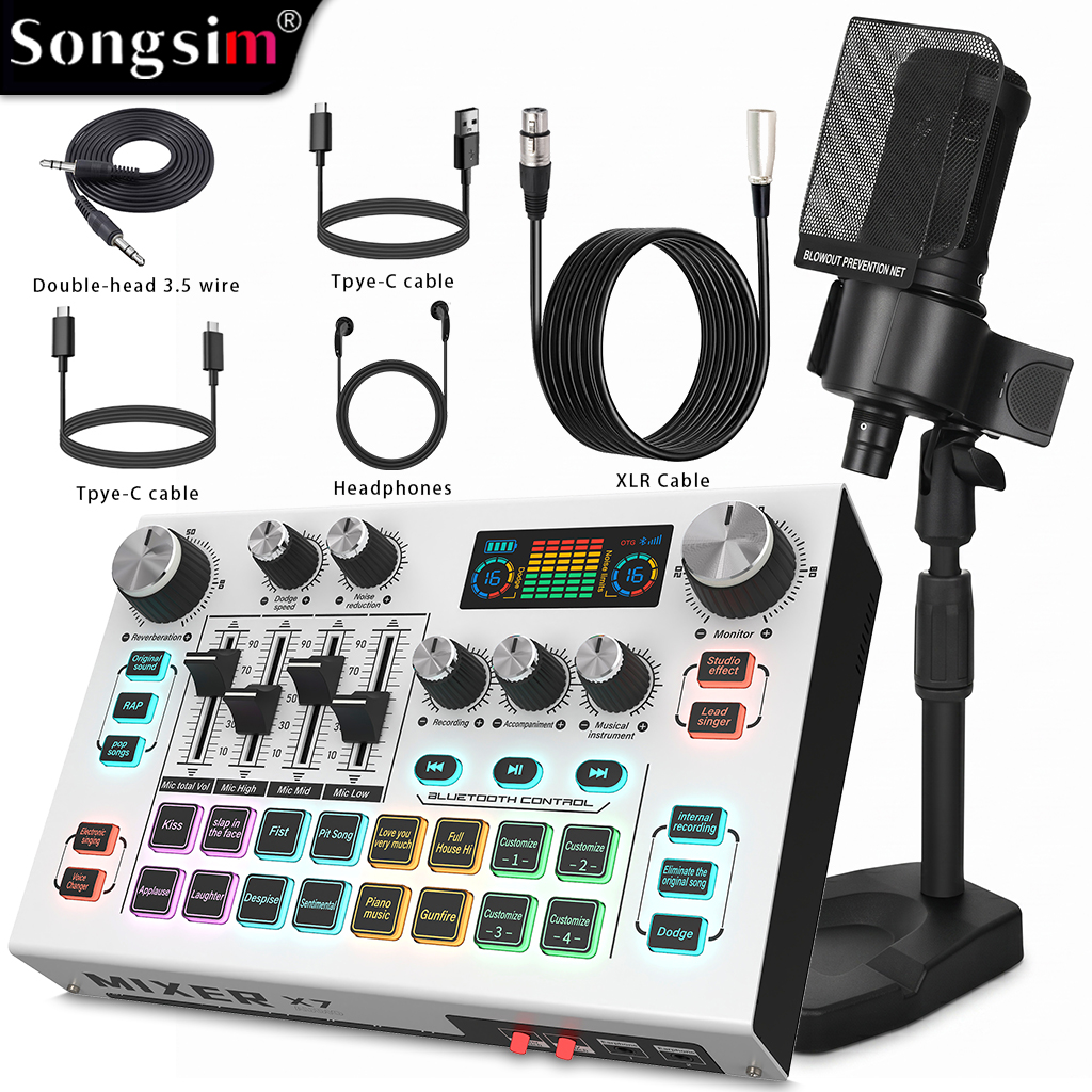 Professional audio bundle featuring the X7 real-time sound card and AT2020 studio microphone; supports OTG transmission, scene simulation, EQ adjustment, and 48V phantom power—ideal for gaming, singing, live streaming, and recording.