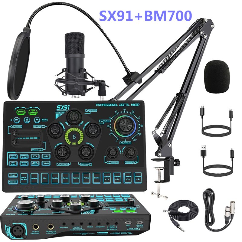 Podcast Microphone Bundle, BM-700 Condenser Mic with Live Sound Card Kit, Podcast Equipment Bundle with Voice Changer and Mixer Functions for PC Smartphone Studio Recording & Broadcasting