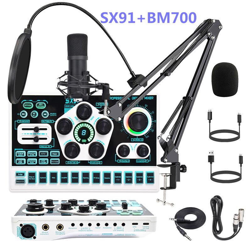 Podcast Microphone Bundle, BM-700 Condenser Mic with Live Sound Card Kit, Podcast Equipment Bundle with Voice Changer and Mixer Functions for PC Smartphone Studio Recording & Broadcasting