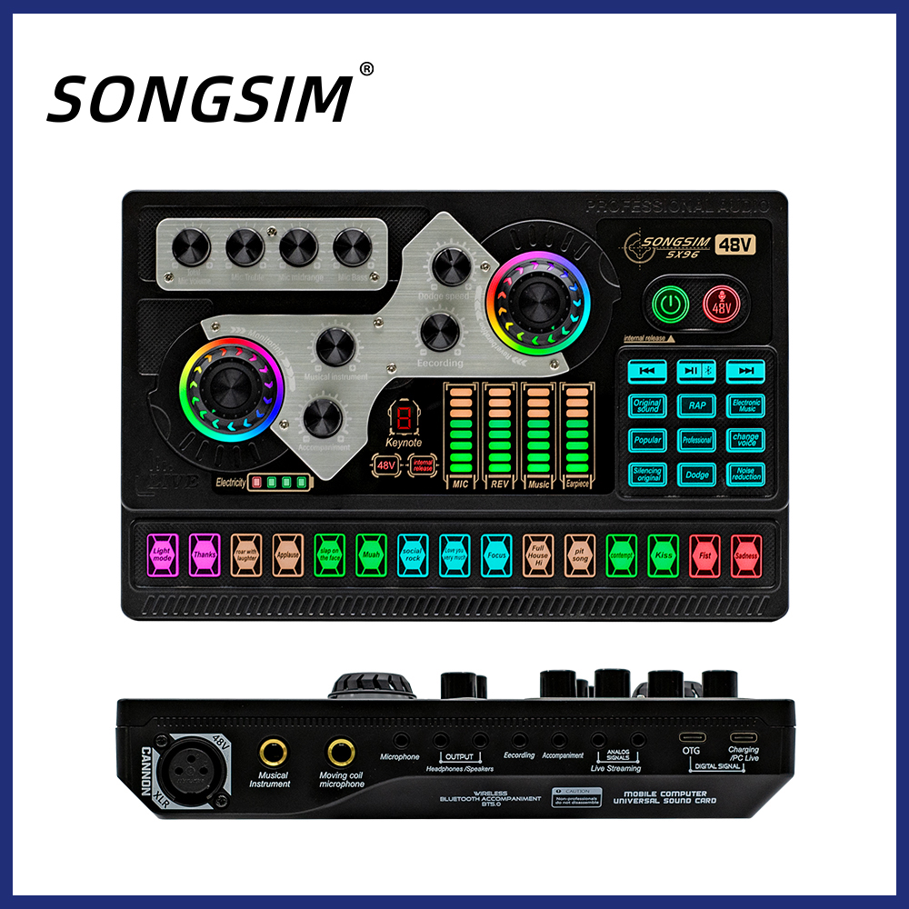 SX96 Live Sound Card, Wireless Bluetooth Audio Mixer, Podcast Audio Mixer with RGB Colorful Buttons, All-in-One Podcast DJ Device Live Broadcast Sound Card for PC Phone Karaoke Singing Gaming