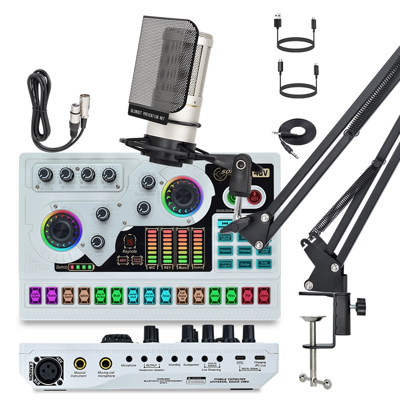 ZX320+SX96 Condenser Microphone Bundle, Live Sound Card, Adjustable Boom Arm, Shock Mount, Metal Mic Pop Filter, Earphone, Audio Cables and Power Cable