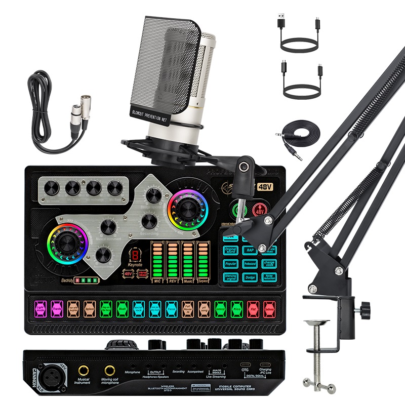 ZX320+SX96 Condenser Microphone Bundle, Live Sound Card, Adjustable Boom Arm, Shock Mount, Metal Mic Pop Filter, Earphone, Audio Cables and Power Cable