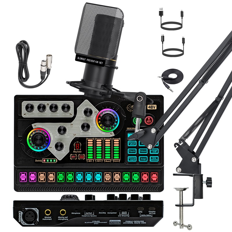ZX320+SX96 Condenser Microphone Bundle, Live Sound Card, Adjustable Boom Arm, Shock Mount, Metal Mic Pop Filter, Earphone, Audio Cables and Power Cable