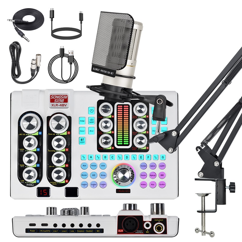 Podcast Microphone Bundle, SX98+ZX320 Condenser Mic with Live Sound Card Kit, Podcast Equipment Bundle with Voice Changer and Mixer Functions for PC Smartphone Studio Recording & Broadcasting