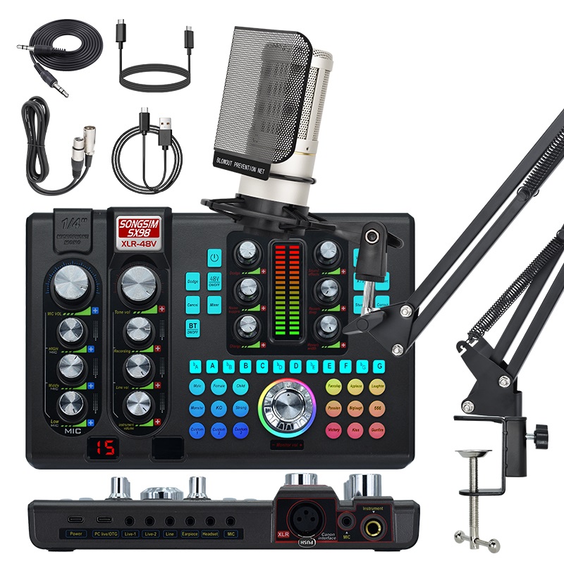 Podcast Microphone Bundle, SX98+ZX320 Condenser Mic with Live Sound Card Kit, Podcast Equipment Bundle with Voice Changer and Mixer Functions for PC Smartphone Studio Recording & Broadcasting
