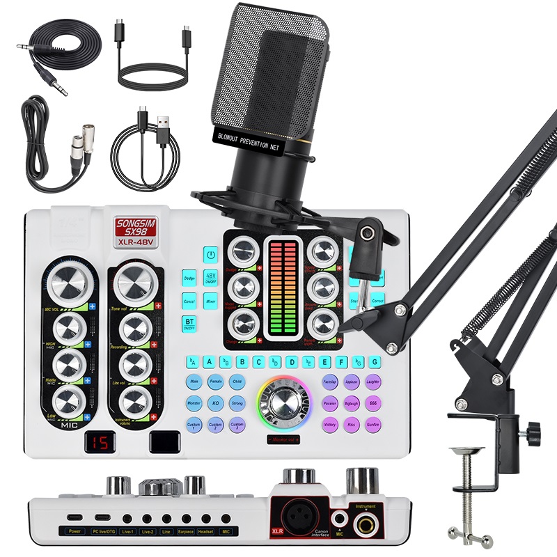 Podcast Microphone Bundle, SX98+ZX320 Condenser Mic with Live Sound Card Kit, Podcast Equipment Bundle with Voice Changer and Mixer Functions for PC Smartphone Studio Recording & Broadcasting