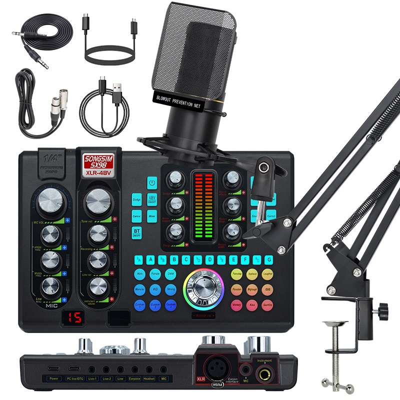 Podcast Microphone Bundle, SX98+ZX320 Condenser Mic with Live Sound Card Kit, Podcast Equipment Bundle with Voice Changer and Mixer Functions for PC Smartphone Studio Recording & Broadcasting