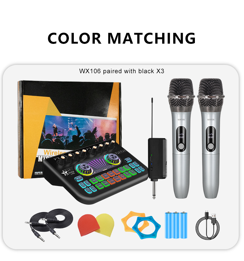 Professional Live Sound Card With Microphone Set Audio Mixer External Voice Changer with Micro Kit X3+WX106