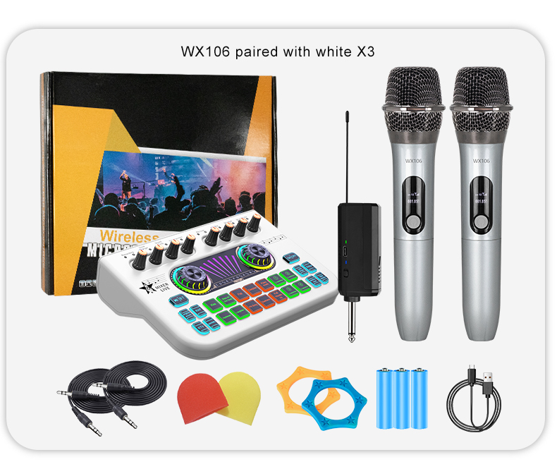 Professional Live Sound Card With Microphone Set Audio Mixer External Voice Changer with Micro Kit X3+WX106