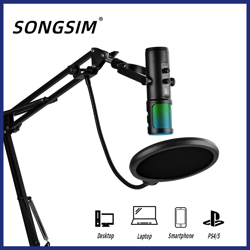 ZX776 PRO Gaming USB microphone, noise reduction condenser microphone, RGB microphone with mute, gain, monitor, boom arm, popular filter suitable for mobile phones, PCS, computers, PS4, PS5, Mac, streaming media, podcasting, Twitch, YouTube