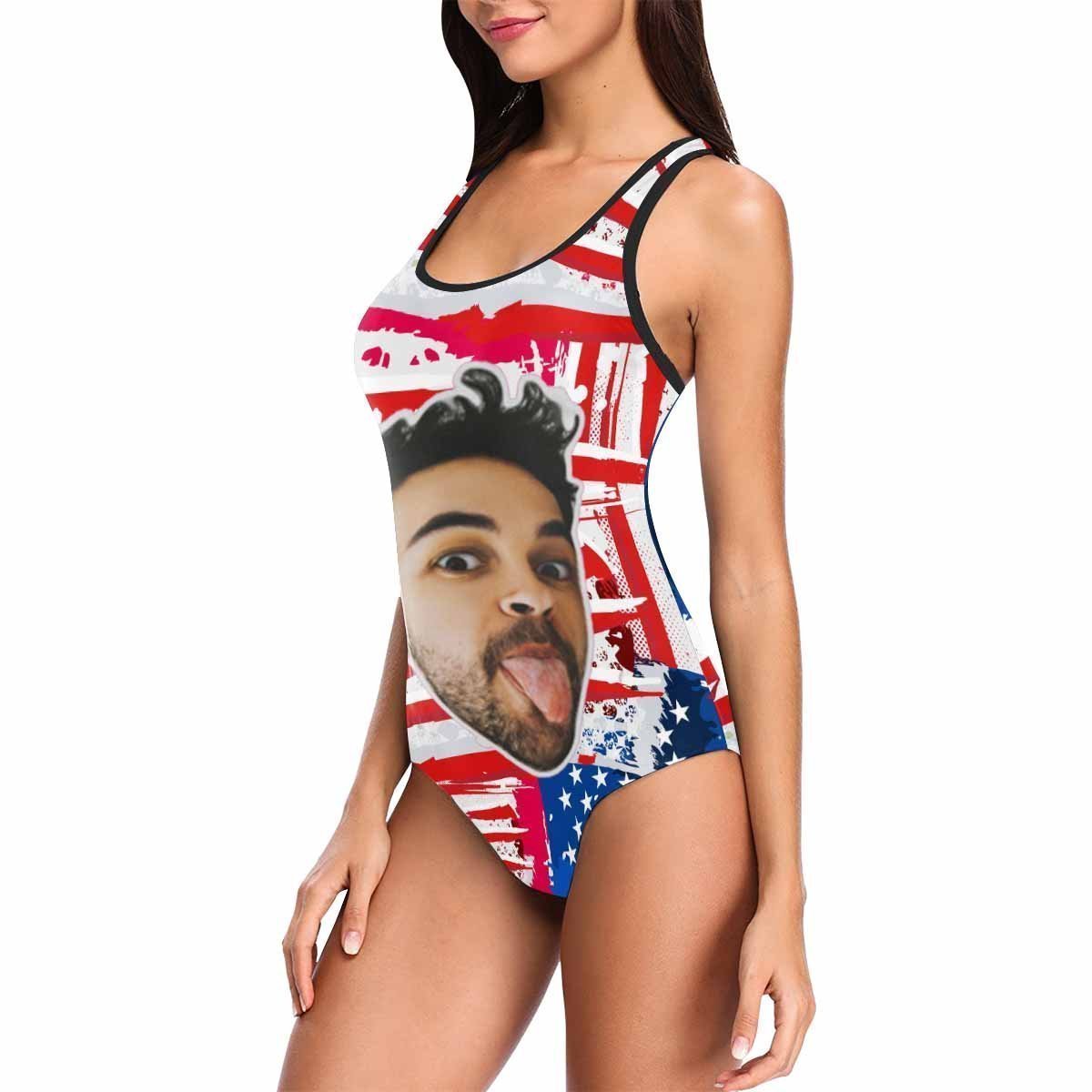 Custom Face Swimwear Women's Photo Slip One Piece Swimsuit - USA Flag - FaceSocksUSA