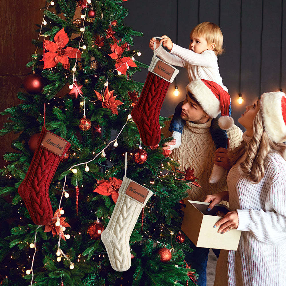 Personalized Christmas Stocking with Name Leather Patches Knitted Xmas Stockings Decoration	 - FaceSocksUSA