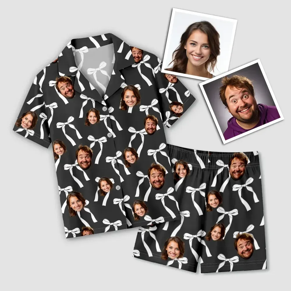 Custom Face Short Sleeve Pajamas Custom Bow Couple Gift Photo Pajamas Suit - FaceSocksUSA