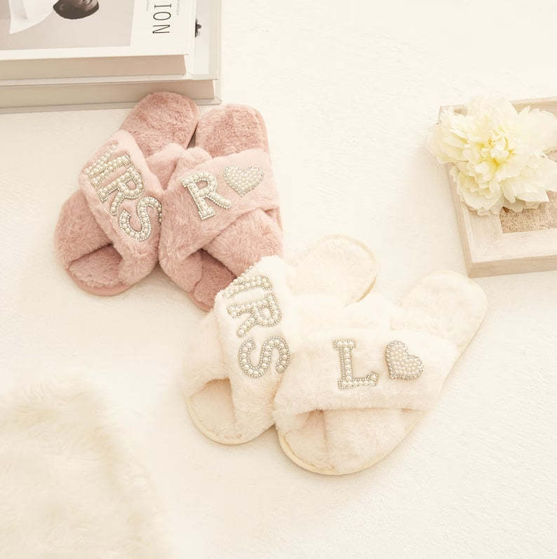 Custom Plush Slippers Personalized Bridal Fluffy Cross Pearls Slippers Wedding Gift for Bride	 - FaceSocksUSA