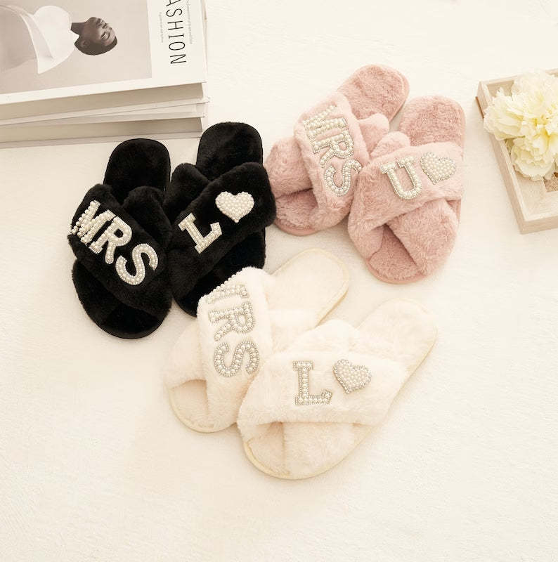 Custom Plush Slippers Personalized Bridal Fluffy Cross Pearls Slippers Wedding Gift for Bride	 - FaceSocksUSA
