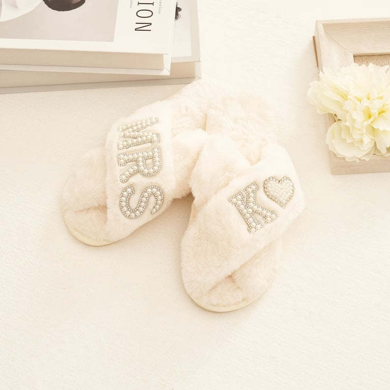 Custom Plush Slippers Personalized Bridal Fluffy Cross Pearls Slippers Wedding Gift for Bride	 - FaceSocksUSA